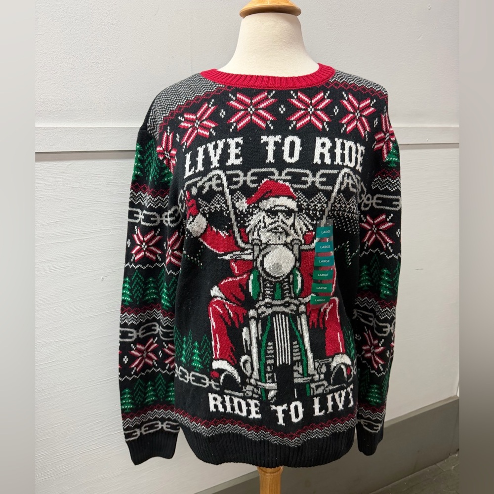Live to Ride Christmas Motorcycle Sweater - Black/Red/Green